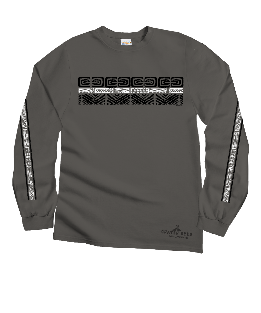 Gray long-sleeve shirt with black patterned design on back and sleeves. View 4
