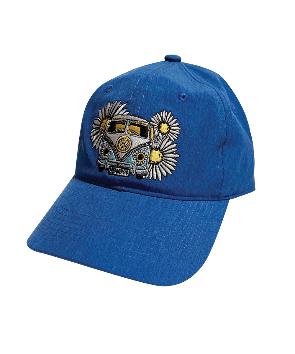 Blue cap with embroidered design of a van and flowers on a white background View 1