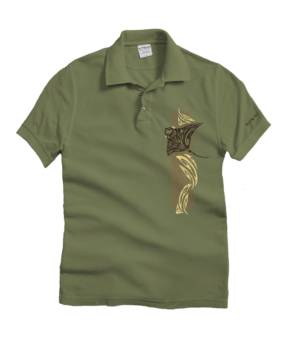 Tribal Manta Vert - Hemp Dyed Short Sleeve Oceanfront Polo Shirt
