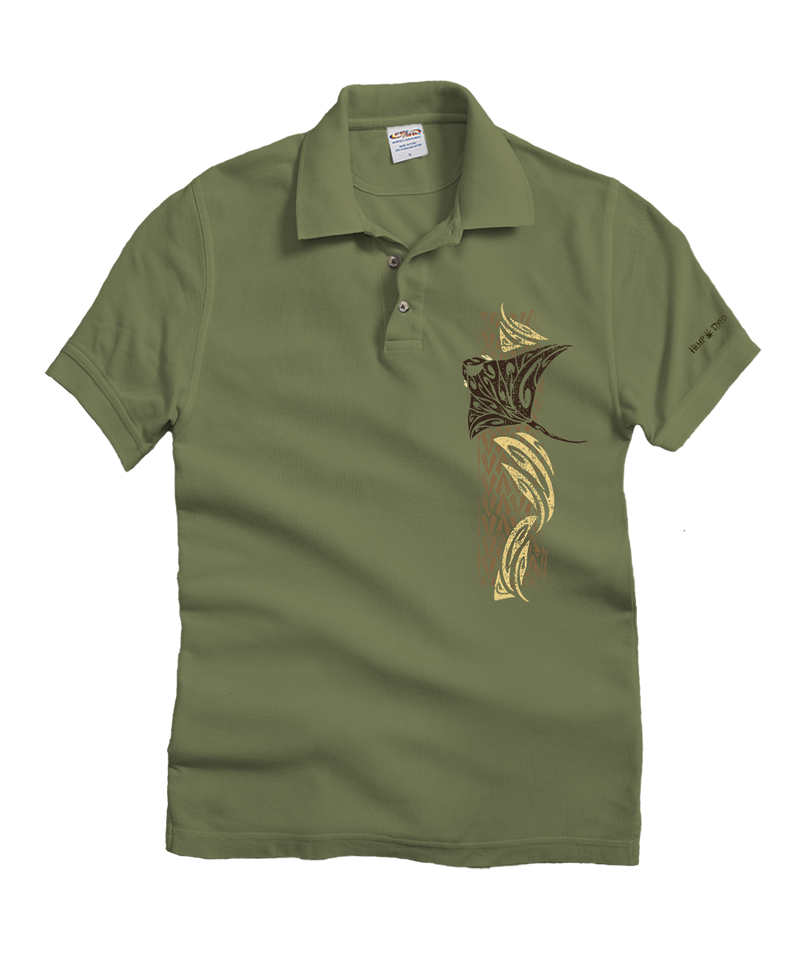 Tribal Manta Vert - Hemp Dyed Short Sleeve Oceanfront Polo Shirt