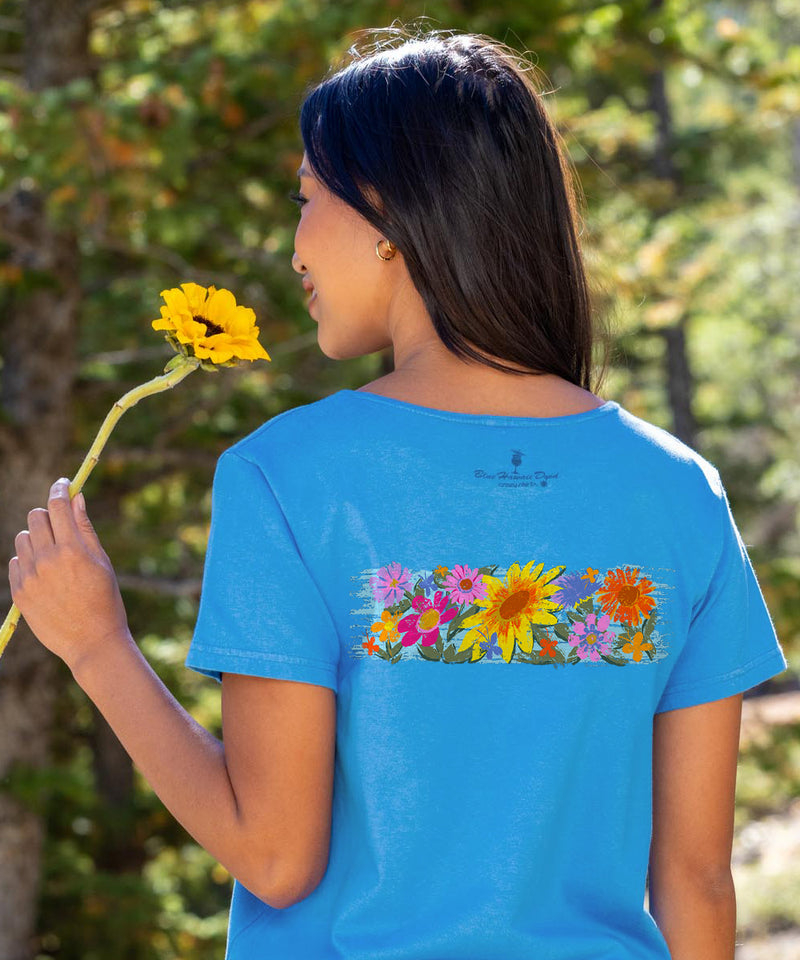 Floral Sunflower Band - Blue Hawaii Dyed Short Sleeve Scoop Neck T-Shirt