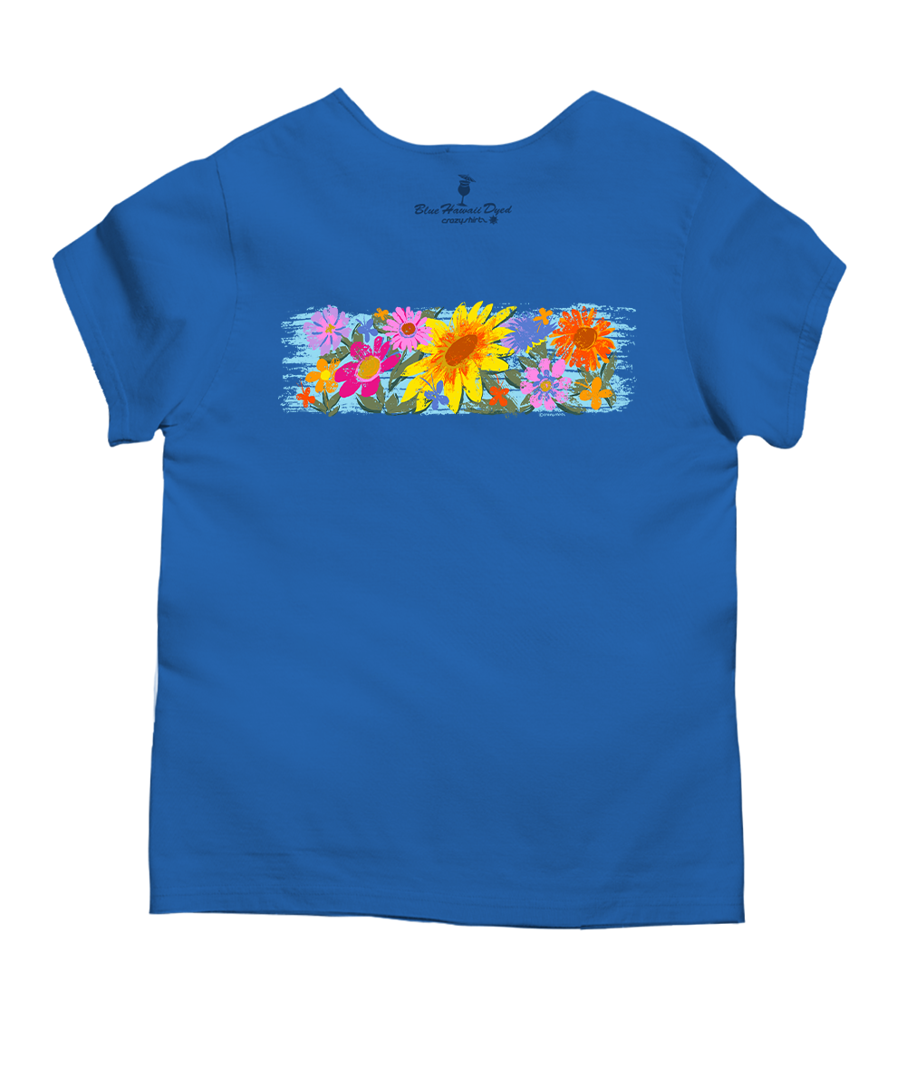 Floral Sunflower Band - Blue Hawaii Dyed Short Sleeve Scoop Neck T-Shirt
