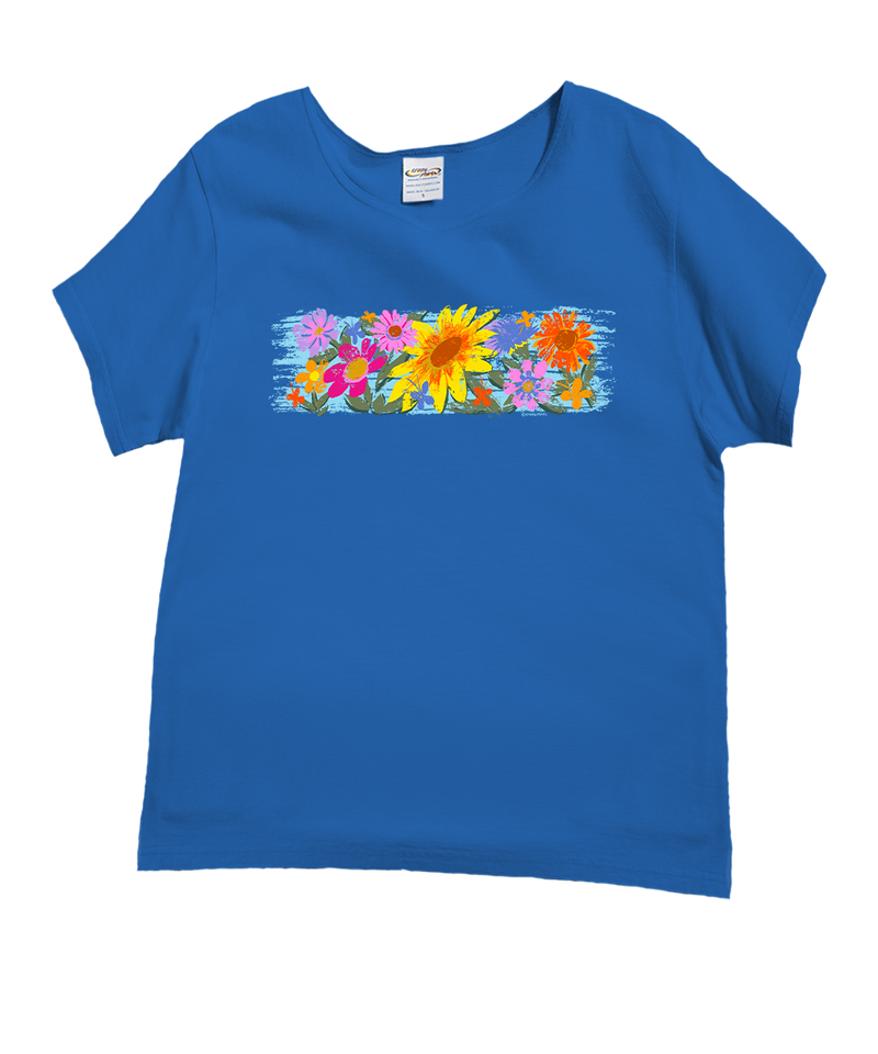 Floral Sunflower Band - Blue Hawaii Dyed Short Sleeve Scoop Neck T-Shirt