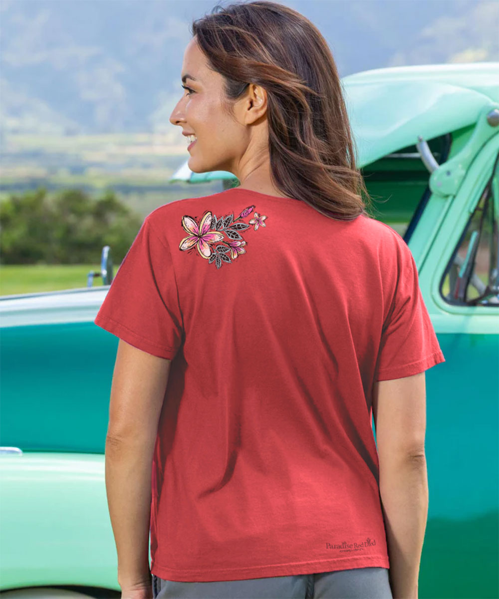 Sketch Art Plumeria T-Shirt | Women's Paradise Red Scoop Neck
