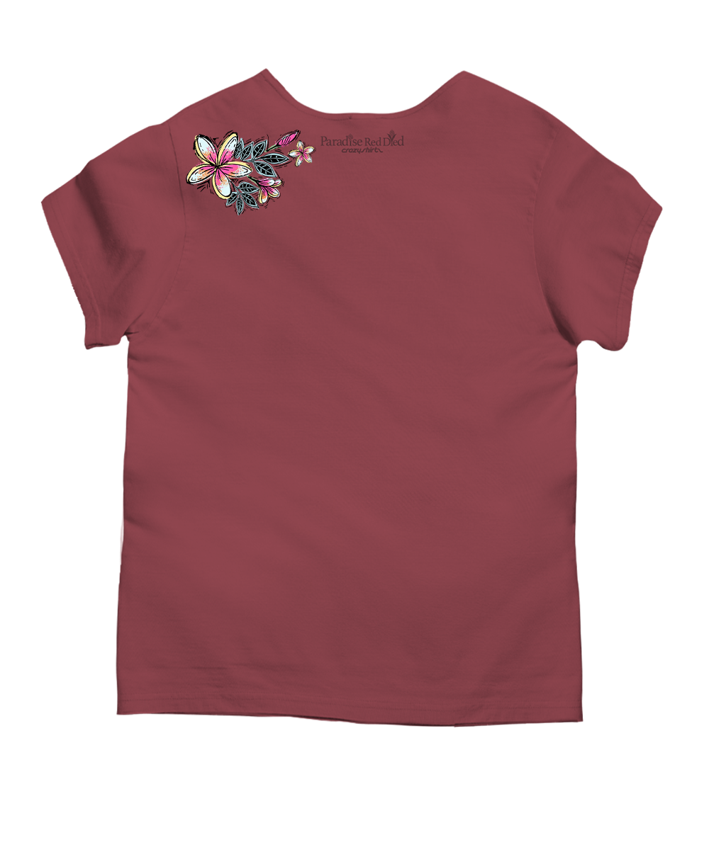 Sketchy Plumeria - Paradise Red Dyed Short Sleeve Scoop Neck T-Shirt