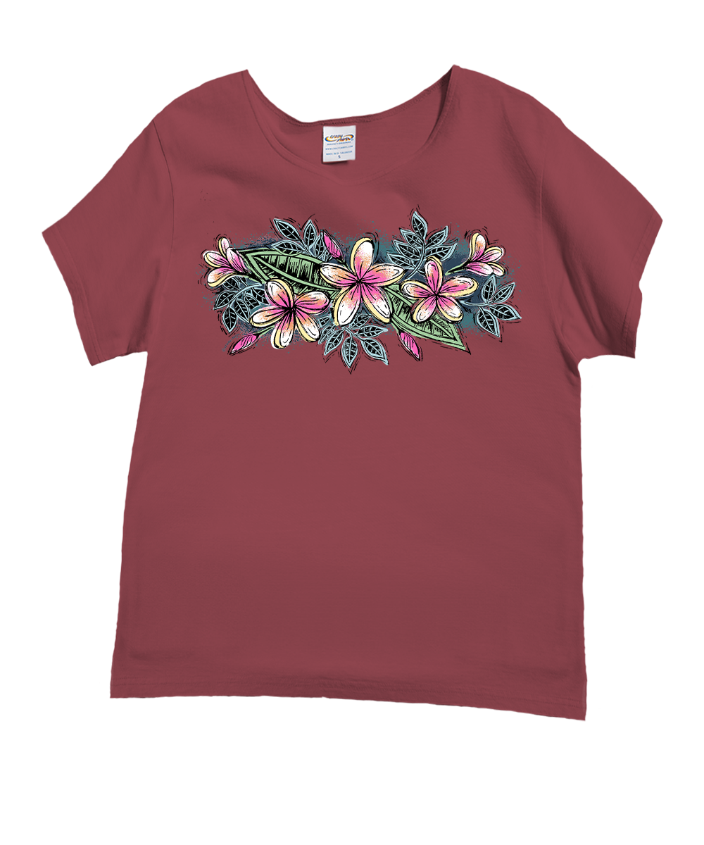 Sketchy Plumeria - Paradise Red Dyed Short Sleeve Scoop Neck T-Shirt