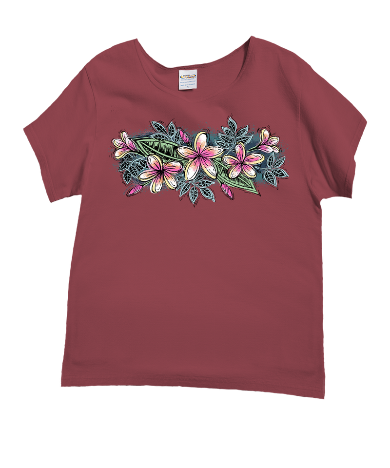 Sketchy Plumeria - Paradise Red Dyed Short Sleeve Scoop Neck T-Shirt