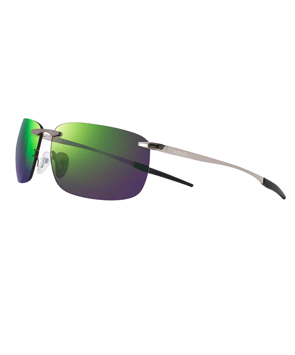 Sunglasses with green reflective lenses and silver frame on a white background View 1