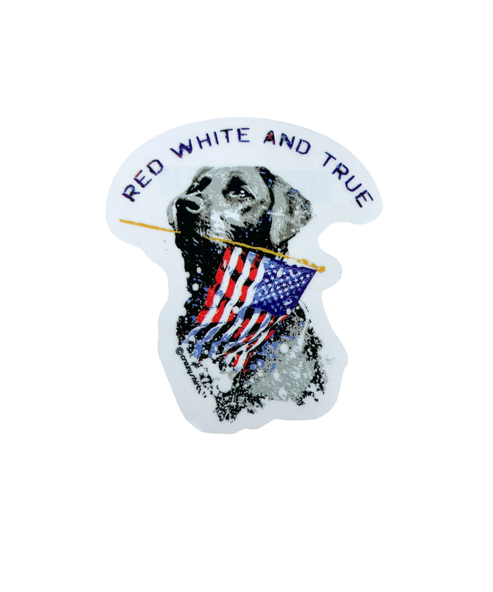 Sticker of a dog holding an American flag with 'Red White and True' text on a white background View 1