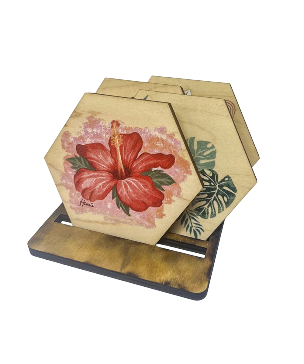 Hexagonal coasters with floral design on a stand against a white background View 1