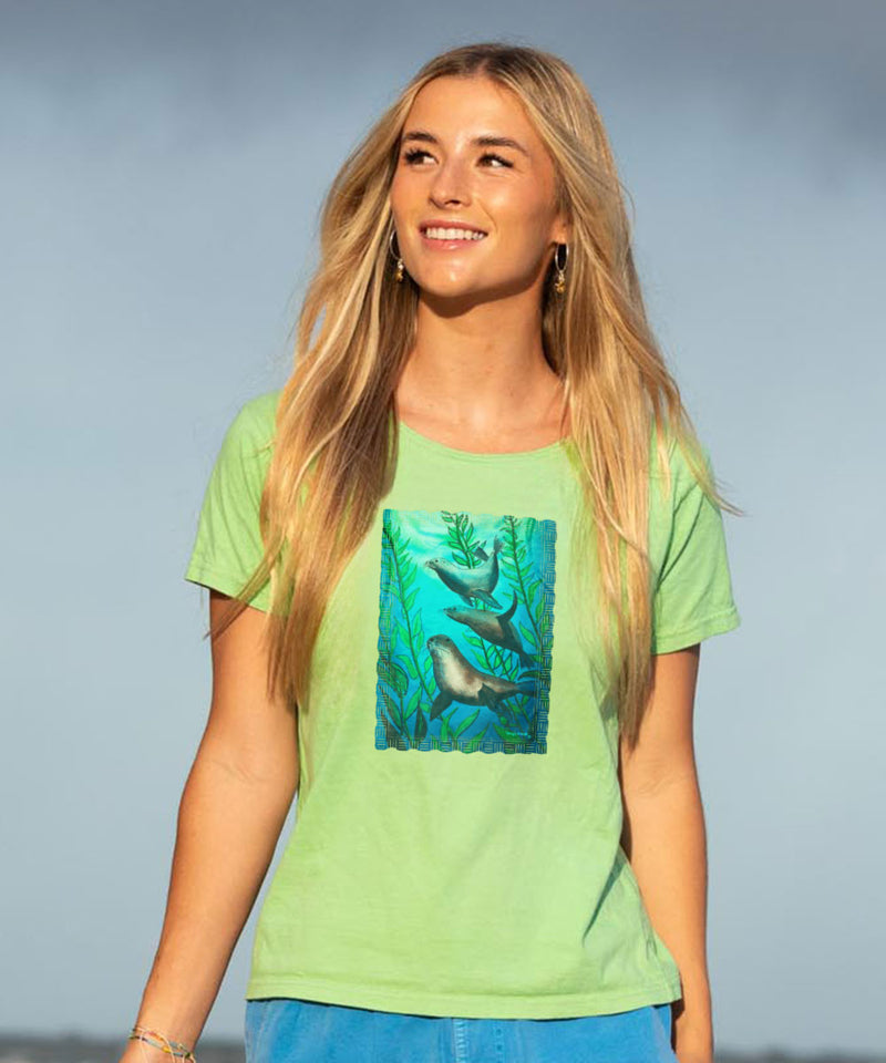 Wyland® Sea Lions - Key Lime Dyed Short Sleeve Scoop Neck T-Shirt