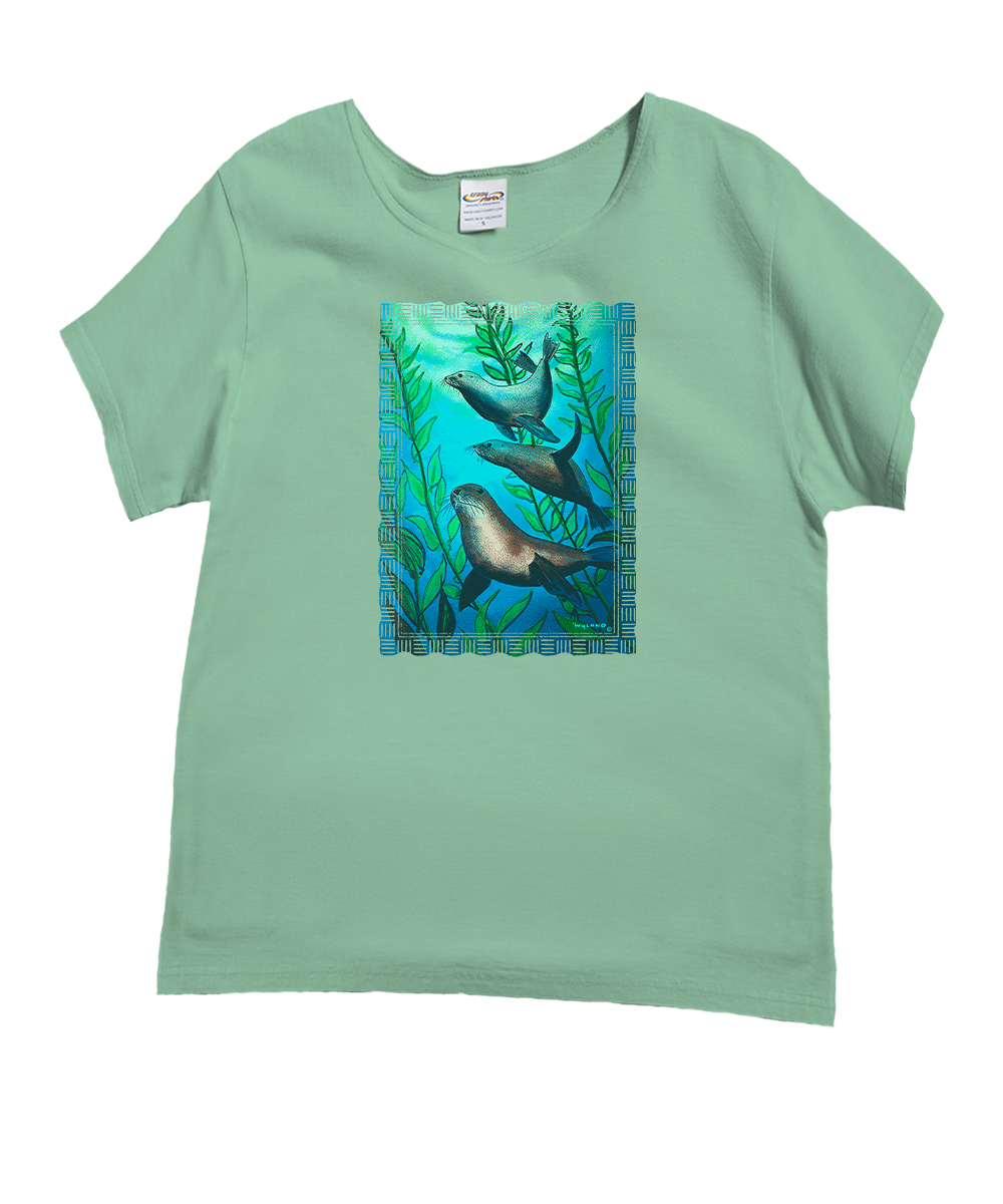 Wyland® Sea Lions - Key Lime Dyed Short Sleeve Scoop Neck T-Shirt