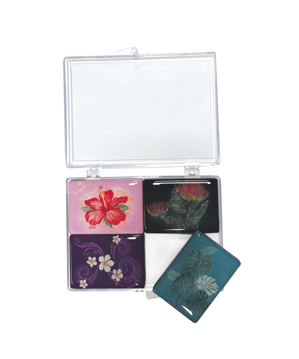Set of four floral cards in a clear plastic case on a white background View 1