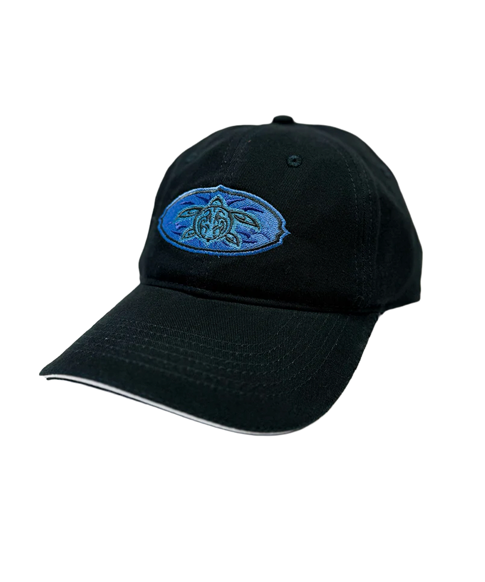 Black cap with a blue embroidered logo on a white background View 1
