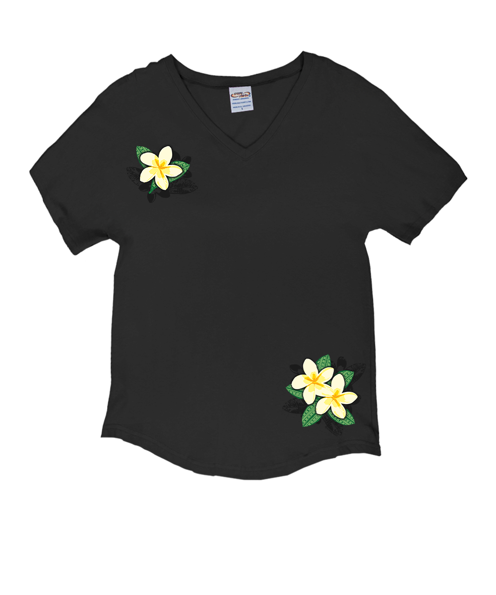 Plumeria Bloom - Charcoal Short Sleeve Dolman V-Neck Tee