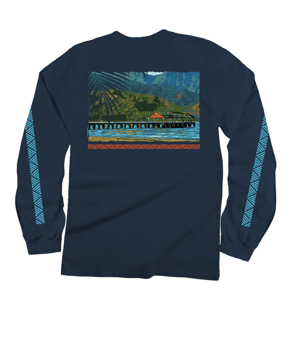 Hanalei Pier - Navy Long Sleeve Crewneck T-Shirt