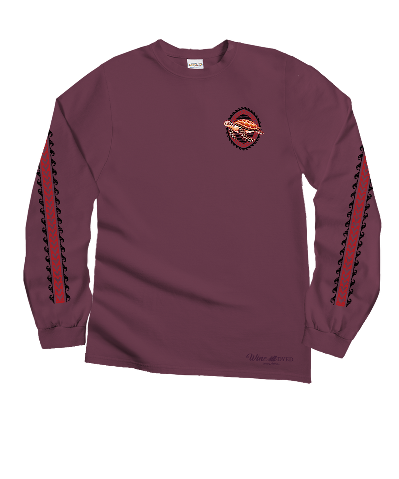 Honu Tribal Woodcut - Wine Dyed Long Sleeve Crewneck T-Shirt
