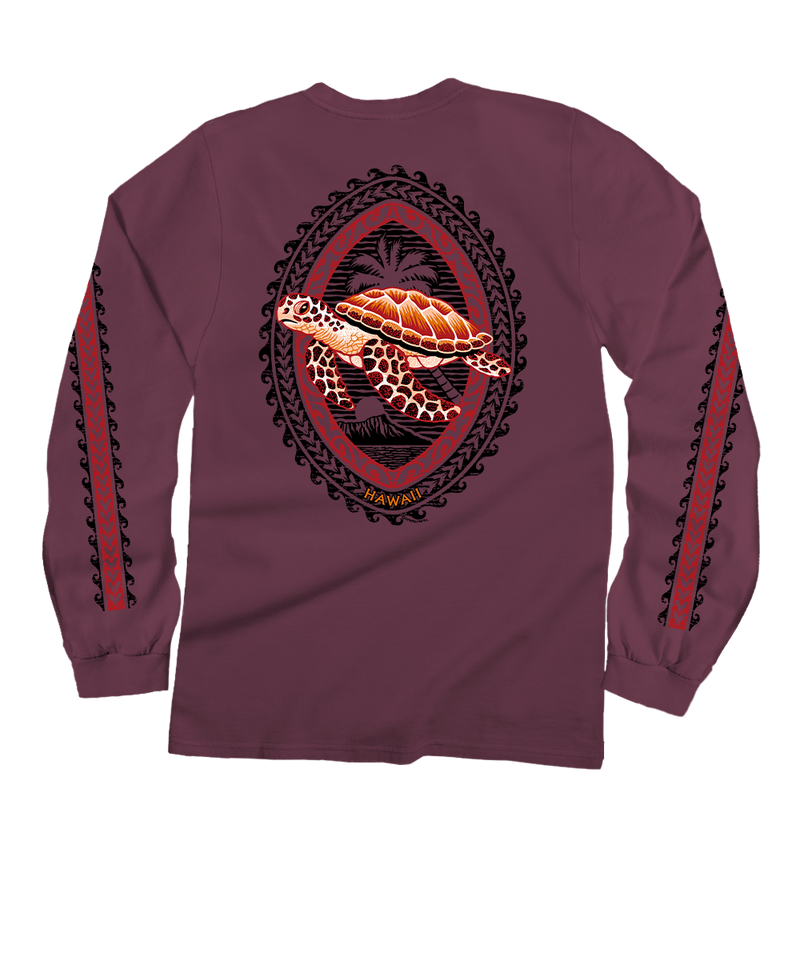 Honu Tribal Woodcut - Wine Dyed Long Sleeve Crewneck T-Shirt
