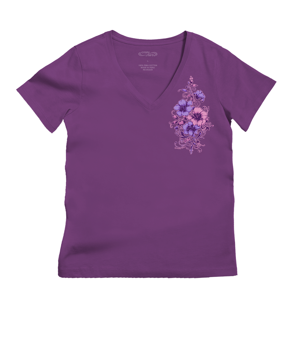 Floral Flourish - Violet Short Sleeve Pima V-Neck T-Shirt