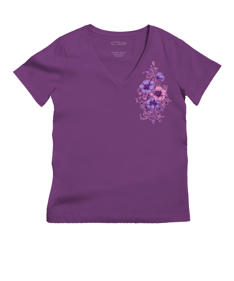 Floral Flourish - Violet Short Sleeve Pima V-Neck T-Shirt