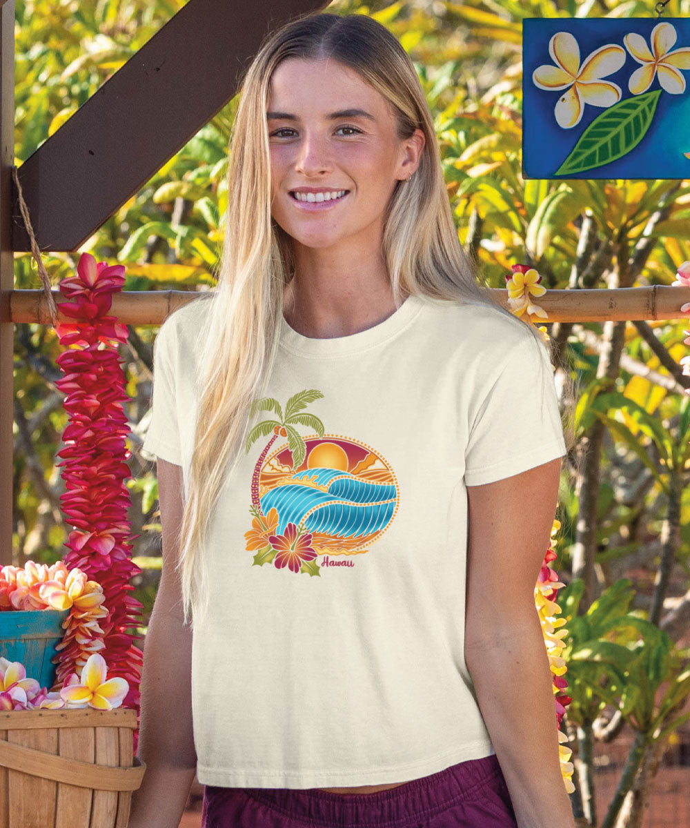 short sleeve coconut palm tshirt womens Women's White Short Sleeve T-Shirts Tropical Paradise