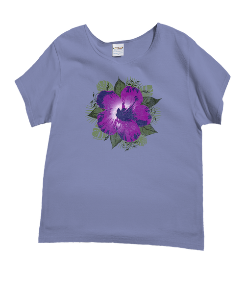 トップス SMALL FLOWER OVER SHIRT Solo Hibiscus T-Shirt | Women's Lavender Dyed Scoop Neck