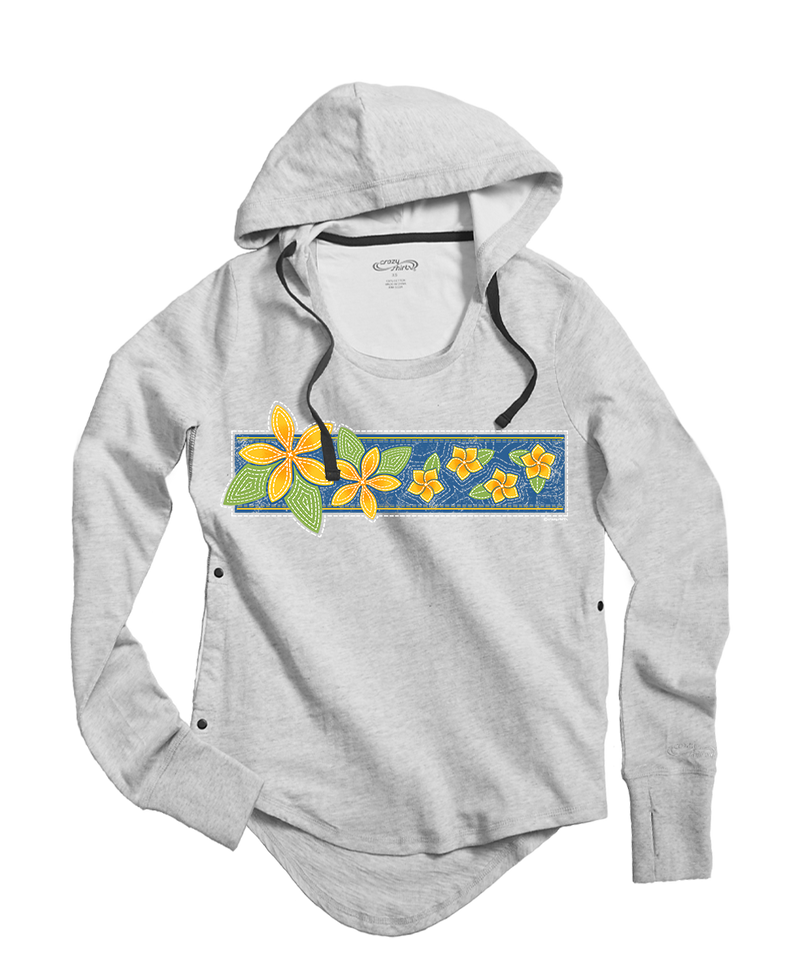 Plumeria Quilt Band - White Gray Heather Long Sleeve Harmony Hooded T