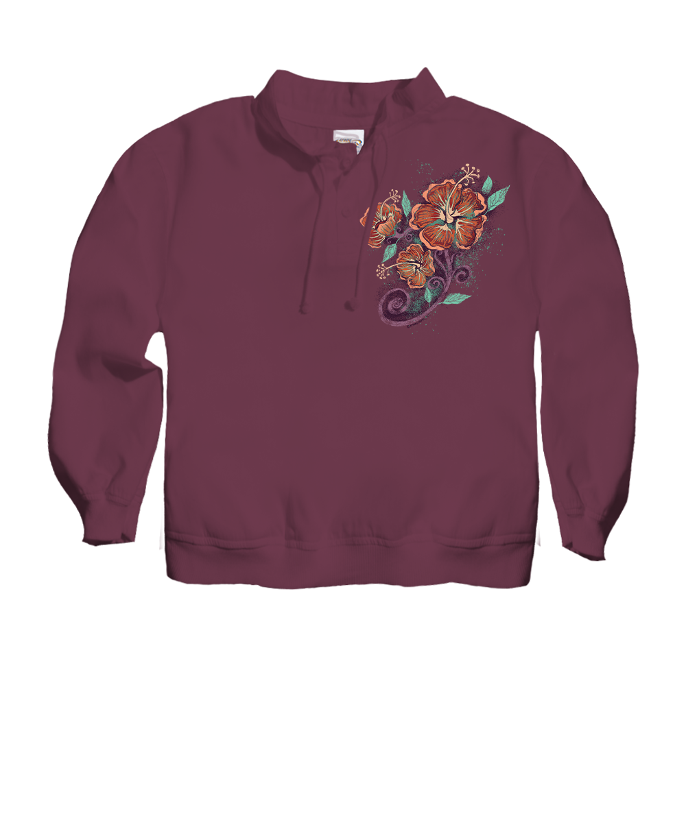 Hibiscus Floral Cascade - Wine Dyed Long Sleeve Lightweight Pullover