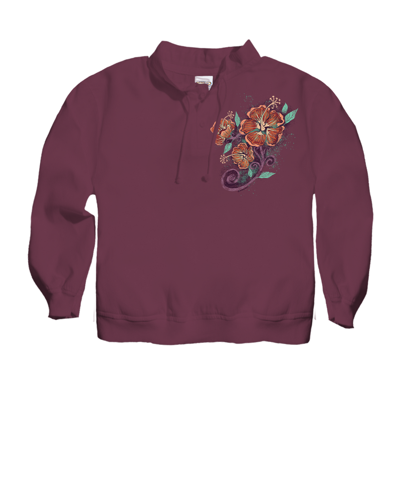 Hibiscus Floral Cascade - Wine Dyed Long Sleeve Lightweight Pullover