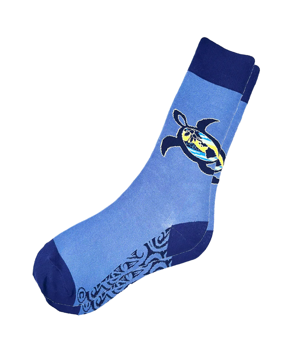 Blue sock with a turtle design on a white background View 1
