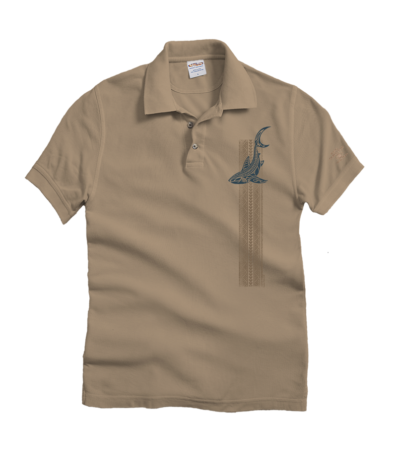 Vertical Tribal Shark - Kona Coffee Dyed Short Sleeve Oceanfront Polo Shirt