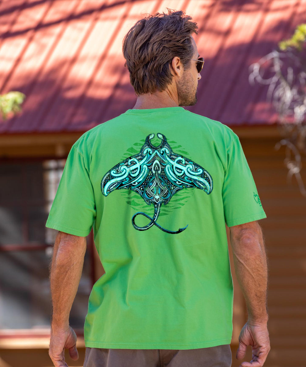 Tribal Blue Manta - Green Apple Dyed Short Sleeve Crewneck T-Shirt