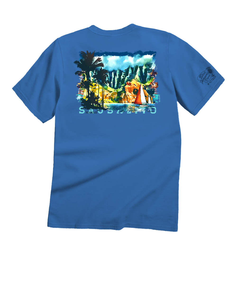 Tropical Watercolor Sail - Blue Hawaii Dyed Short Sleeve Crewneck T-Shirt