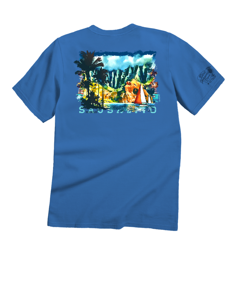 Tropical Watercolor Sail - Blue Hawaii Dyed Short Sleeve Crewneck T-Shirt