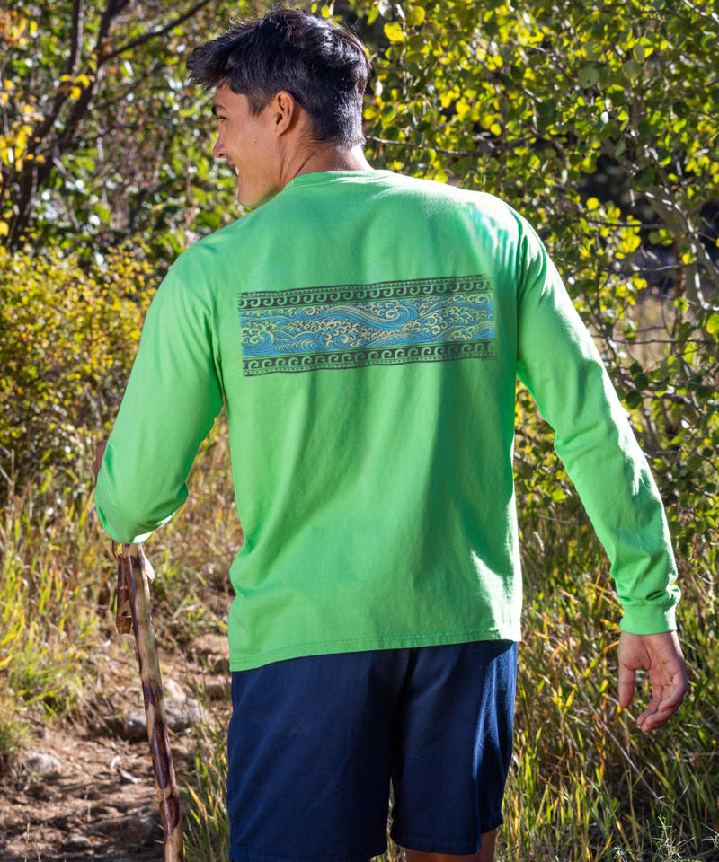 Sketch Wave Band - Green Apple Dyed Long Sleeve Crewneck T-Shirt