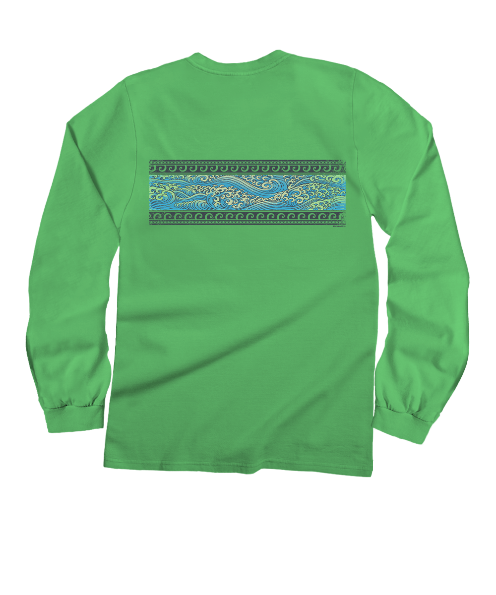 Sketch Wave Band - Green Apple Dyed Long Sleeve Crewneck T-Shirt