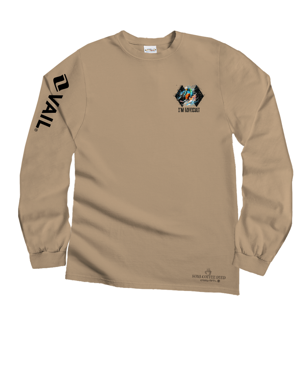 Vail Resort I&#x27;m Difficult - Kona Coffee Dyed Long Sleeve Crewneck T-Shirt