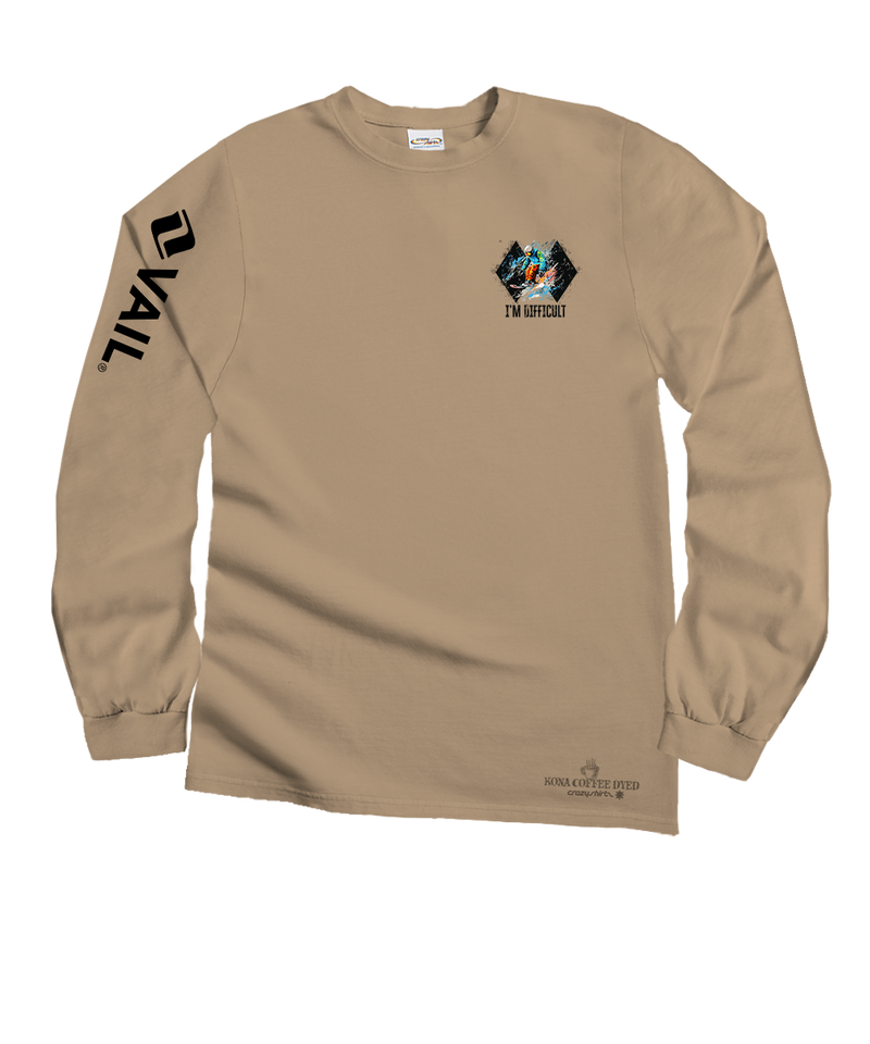 Vail Resort I'm Difficult - Kona Coffee Dyed Long Sleeve Crewneck T-Shirt