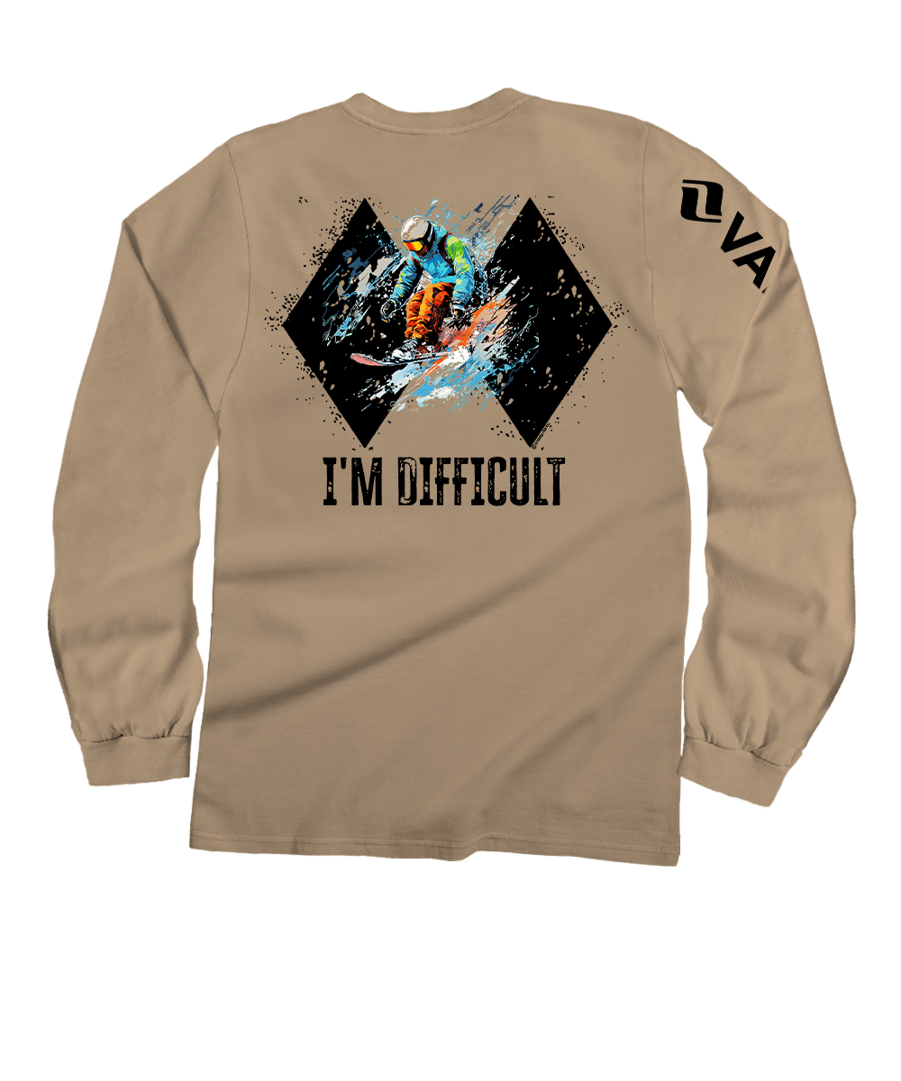 Vail Resort I&#x27;m Difficult - Kona Coffee Dyed Long Sleeve Crewneck T-Shirt