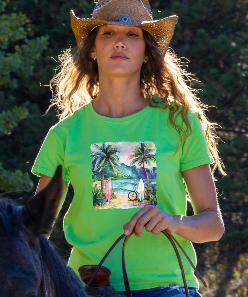 Tropical Watercolor Beach - Green Apple Dyed Short Sleeve Crewneck T-Shirt