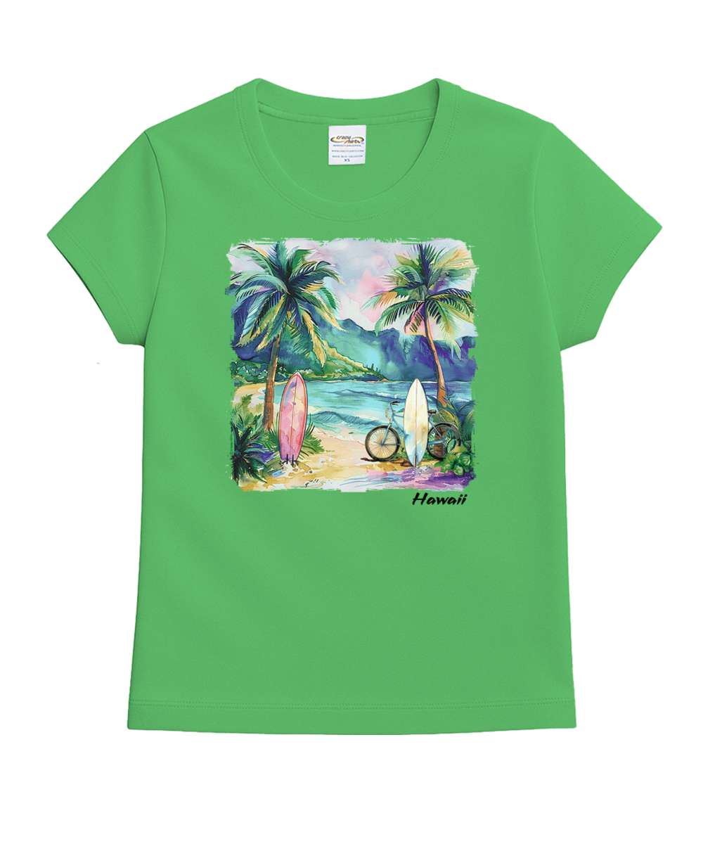 Tropical Watercolor Beach - Green Apple Dyed Short Sleeve Crewneck T-Shirt