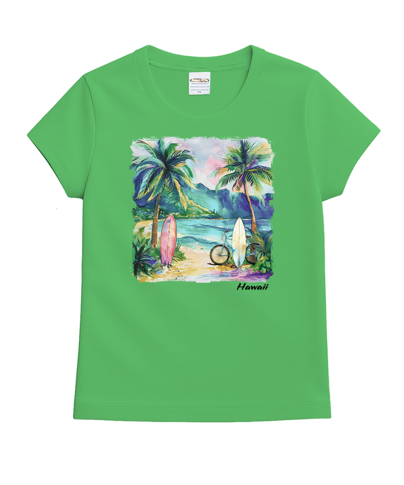 Tropical Watercolor Beach - Green Apple Dyed Short Sleeve Crewneck T-Shirt