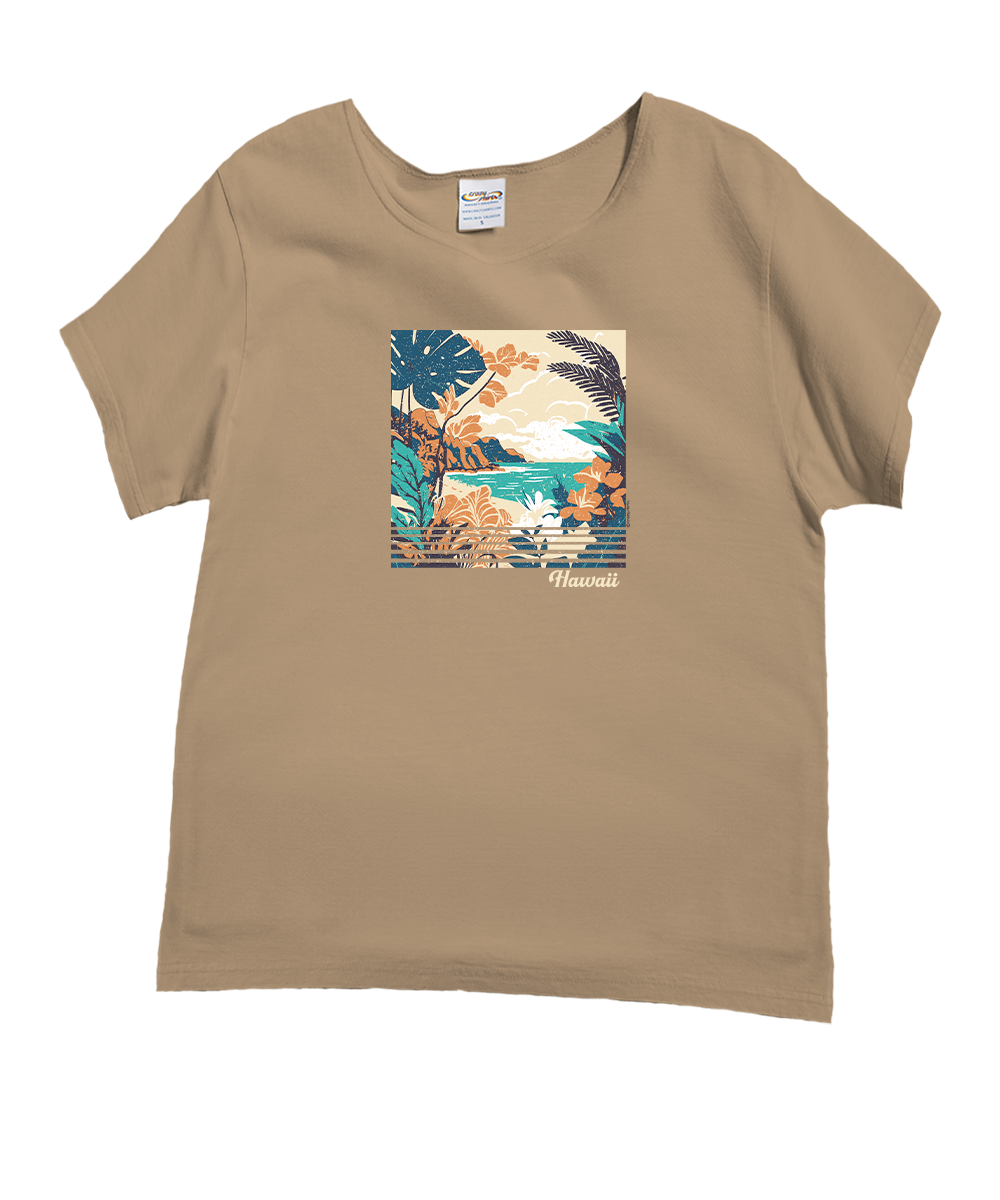 Vintage Tropic Beach Scene - Kona Coffee Dyed Short Sleeve Scoop Neck T-Shirt