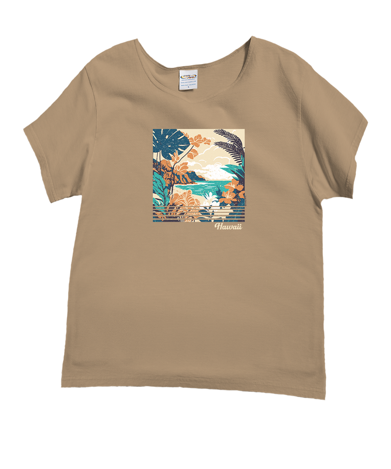 Vintage Tropic Beach Scene - Kona Coffee Dyed Short Sleeve Scoop Neck T-Shirt
