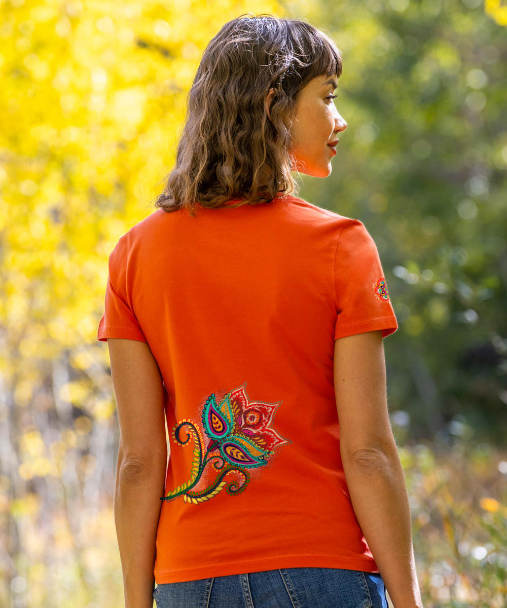 Paisley Floral - Paprika Short Sleeve Pima V-Neck T-Shirt