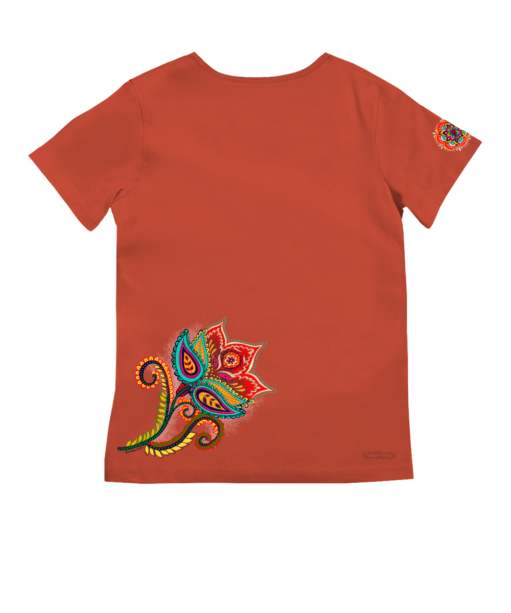 Paisley Floral - Paprika Short Sleeve Pima V-Neck T-Shirt