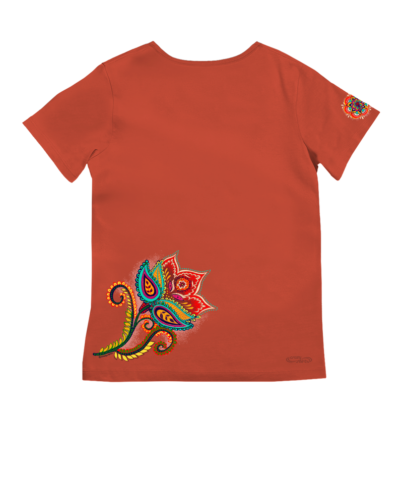 Paisley Floral - Paprika Short Sleeve Pima V-Neck T-Shirt