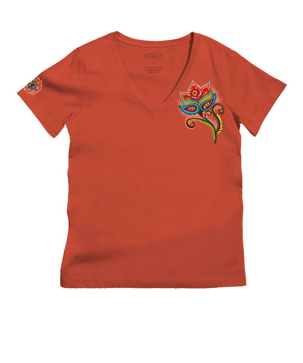 Paisley Floral - Paprika Short Sleeve Pima V-Neck T-Shirt