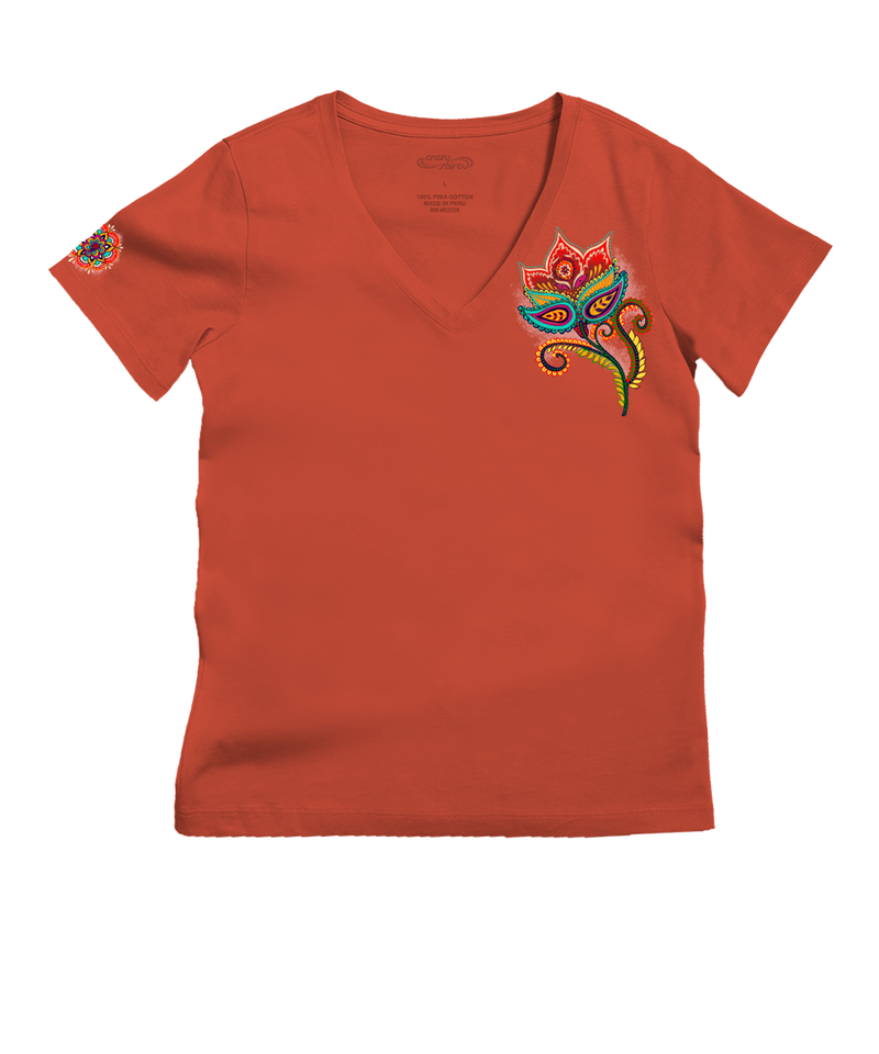 Paisley Floral - Paprika Short Sleeve Pima V-Neck T-Shirt
