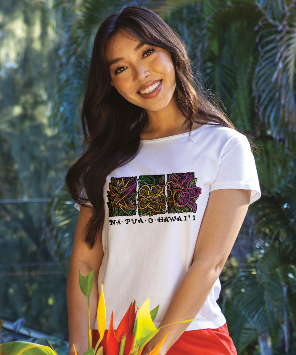 Na Pua Hawaii - White Short Sleeve Scoop Neck T-Shirt